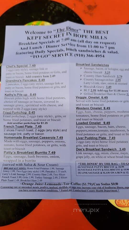 The Diner - Hope Mills, NC menu_pic