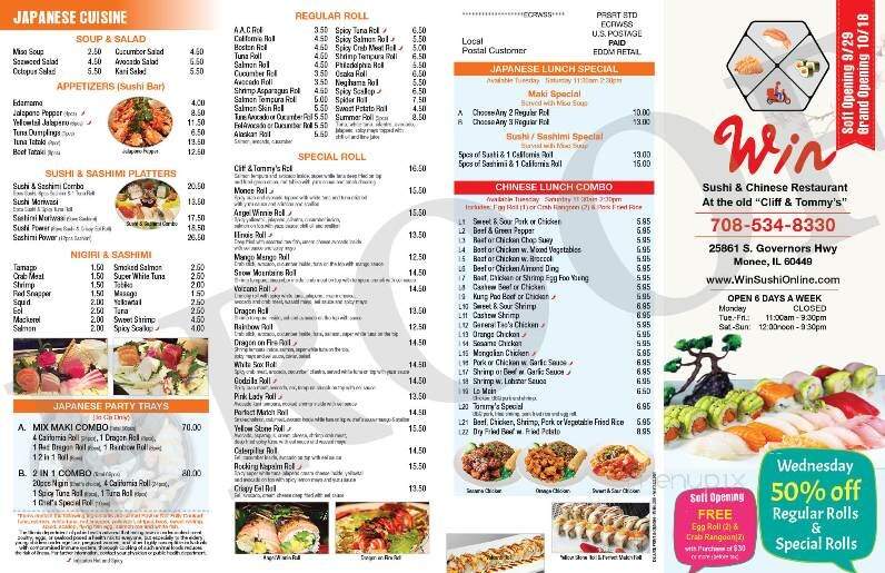 Win Sushi & Chinese Restaurant - Monee, IL menu_pic