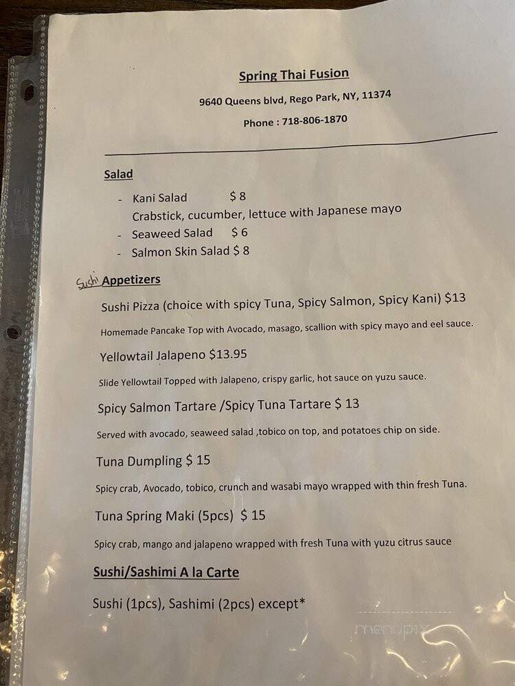 Spring Thai Fusion & Bar - Rego Park, NY menu_pic