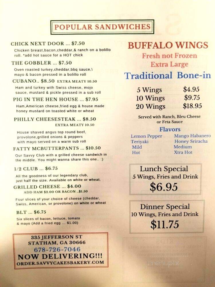 Savvy Cakes and Legendary Sandwiches - Statham, GA menu_pic