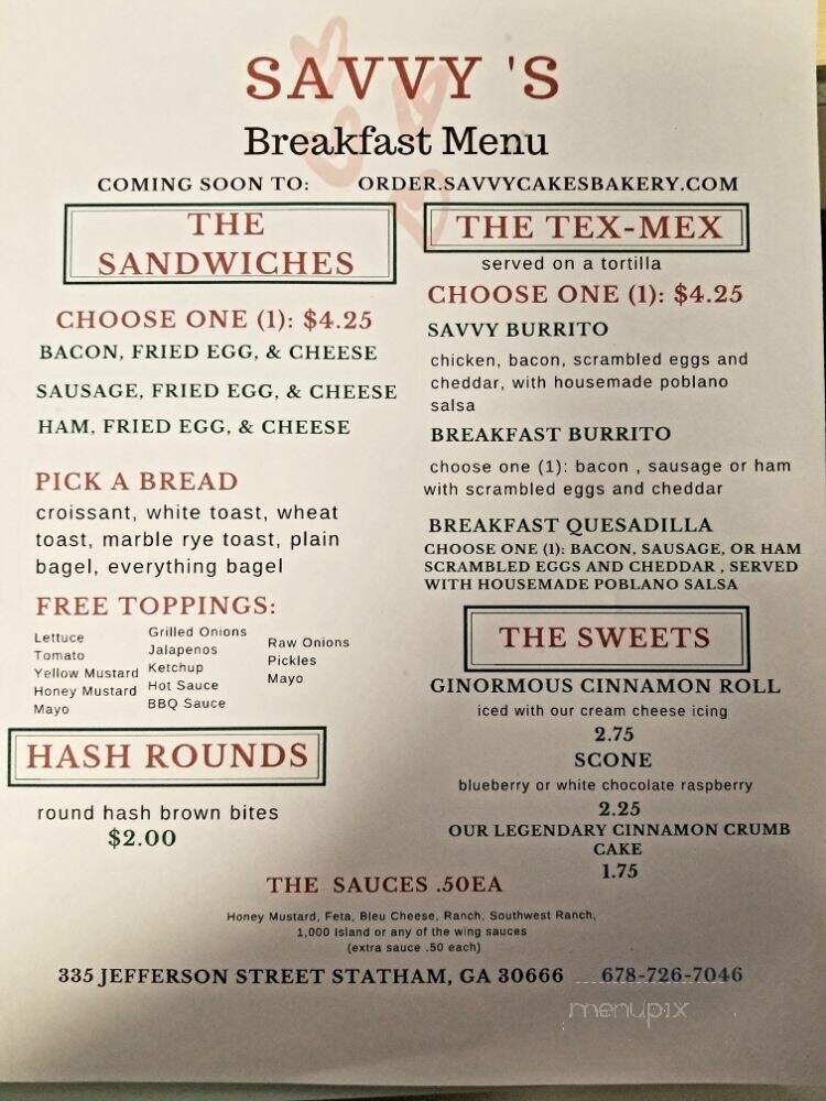Savvy Cakes and Legendary Sandwiches - Statham, GA menu_pic