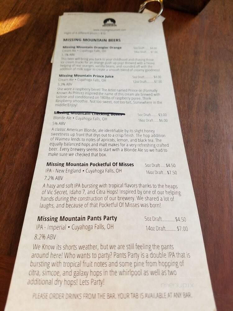 Missing Mountain Brewing - Cuyahoga Falls, OH menu_pic