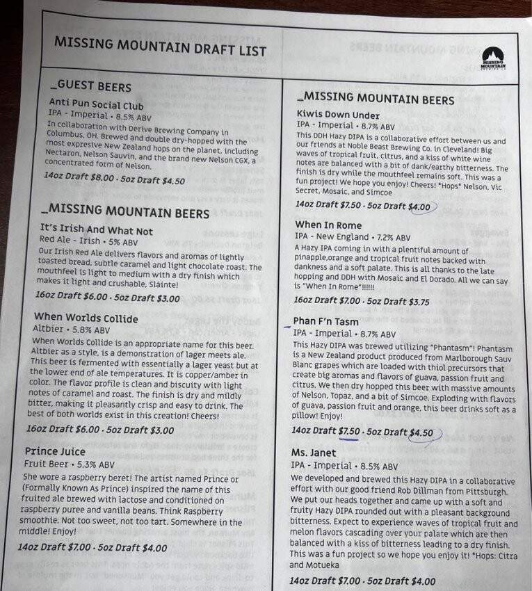 Missing Mountain Brewing - Cuyahoga Falls, OH menu_pic