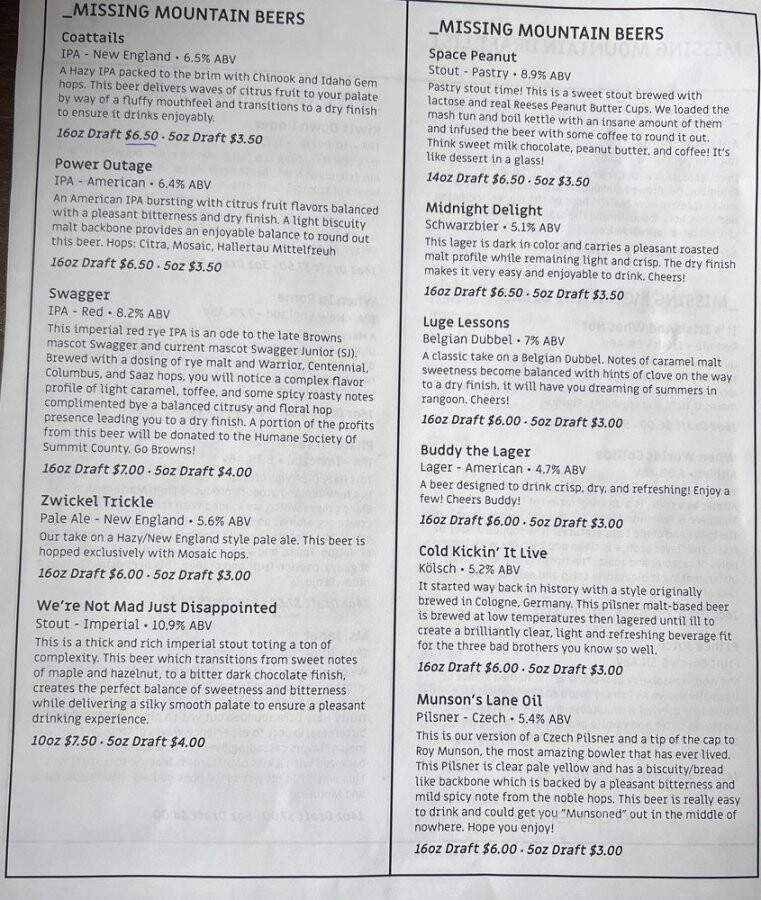 Missing Mountain Brewing - Cuyahoga Falls, OH menu_pic