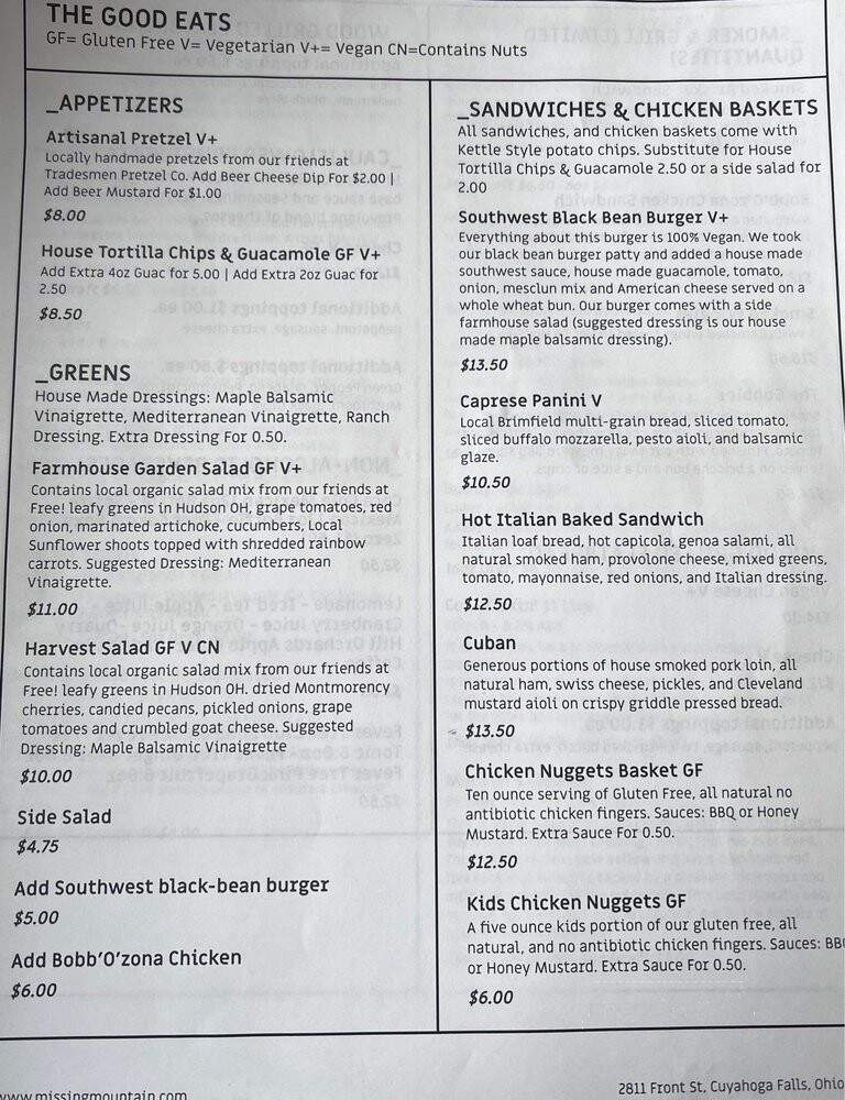 Missing Mountain Brewing - Cuyahoga Falls, OH menu_pic