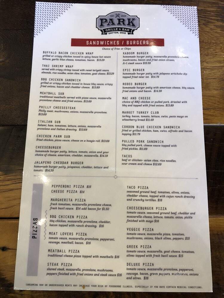 Park Grill & Bar - Miamisburg, OH menu_pic