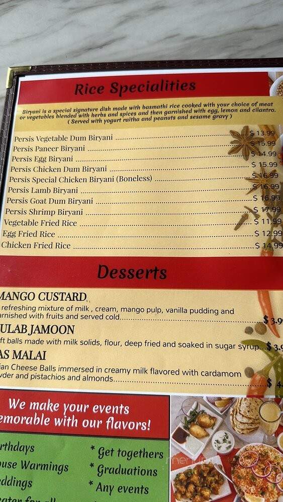 Persis Indian Grill - Lake Mary, FL menu_pic