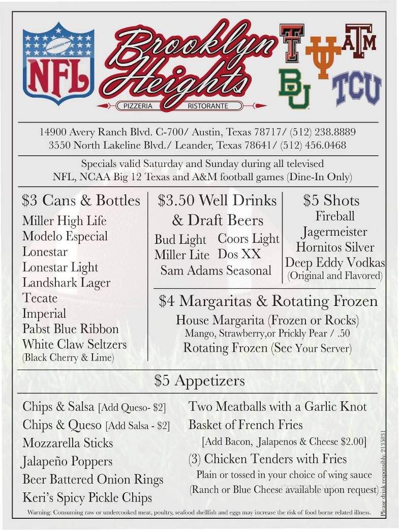Brooklyn Heights Pizzeria - Leander, TX menu_pic