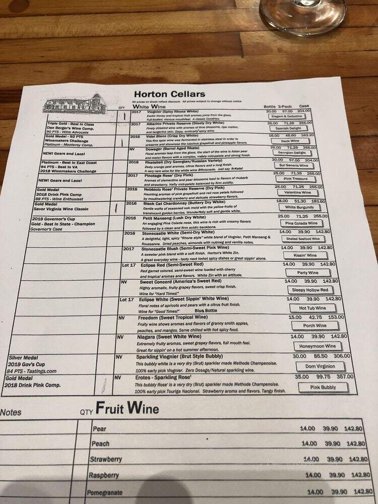 Horton Vineyard - Gordonsville, VA menu_pic