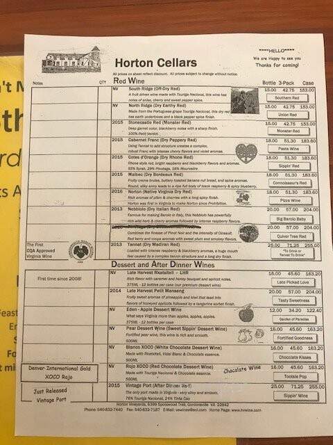 Horton Vineyard - Gordonsville, VA menu_pic