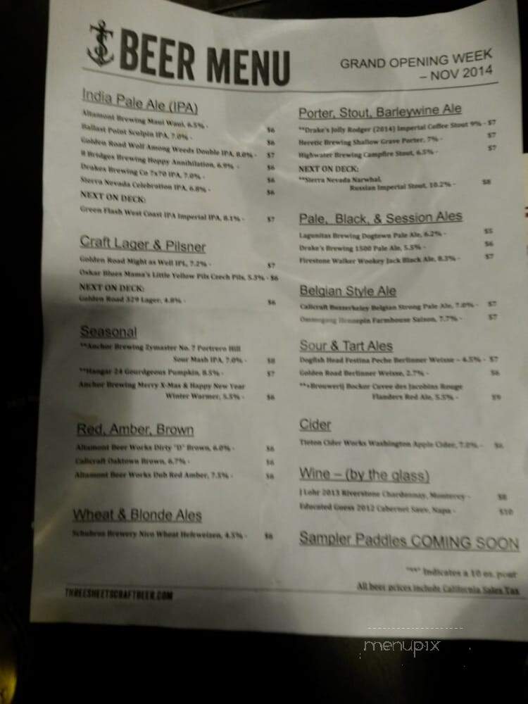 Three Sheets Craft Beer Bar - Dublin, CA menu_pic