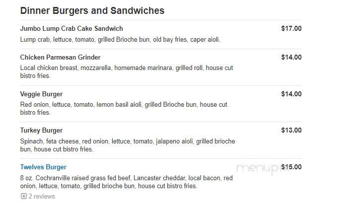 Twelves Grill - West Grove, PA menu_pic