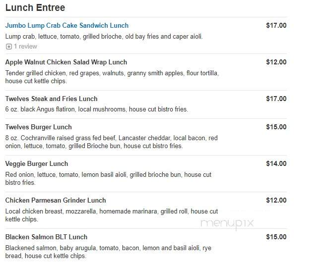 Twelves Grill - West Grove, PA menu_pic