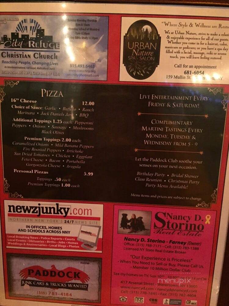 Paddock Club - Watertown, NY menu_pic