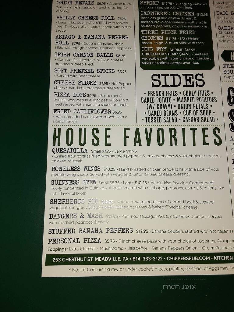 Chippers Pub - Meadville, PA menu_pic