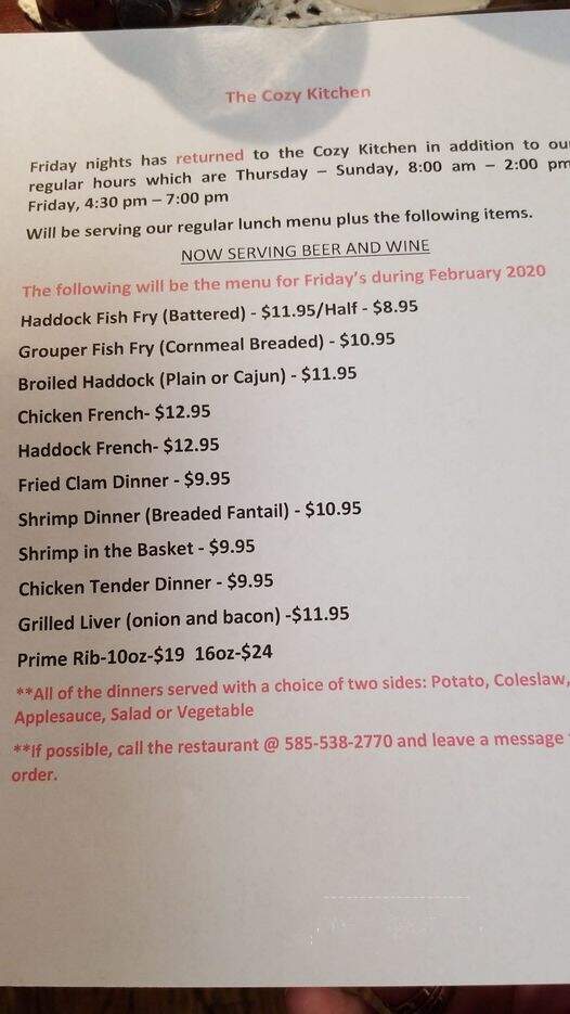 Cozy Kitchen - Caledonia, NY menu_pic