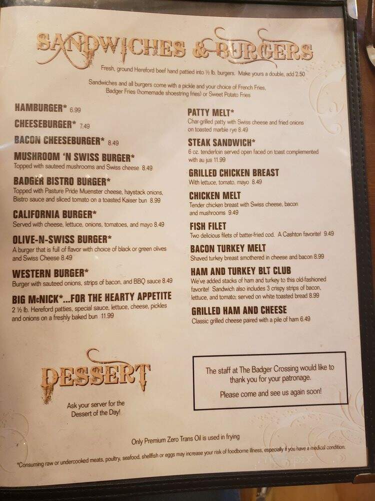 Badger Crossing Pub & Eatery - Cashton, WI menu_pic