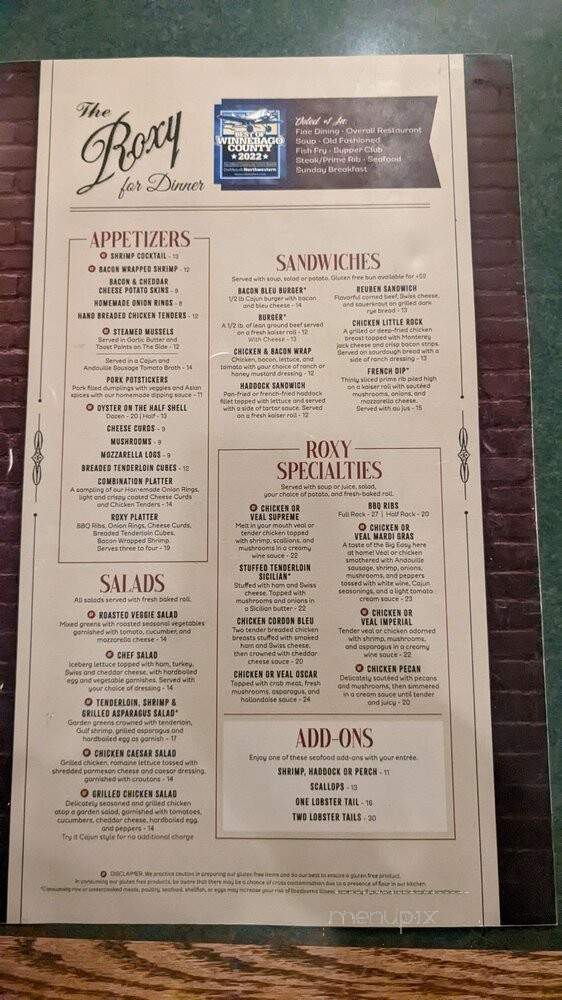 Roxy Supper Club - Oshkosh, WI menu_pic