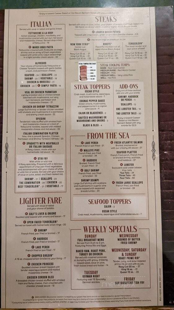 Roxy Supper Club - Oshkosh, WI menu_pic