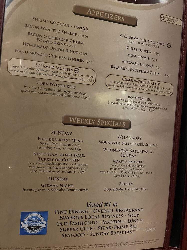 Roxy Supper Club - Oshkosh, WI menu_pic