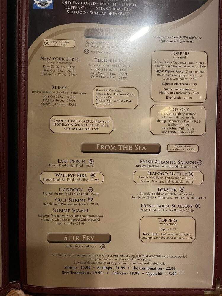 Roxy Supper Club - Oshkosh, WI menu_pic