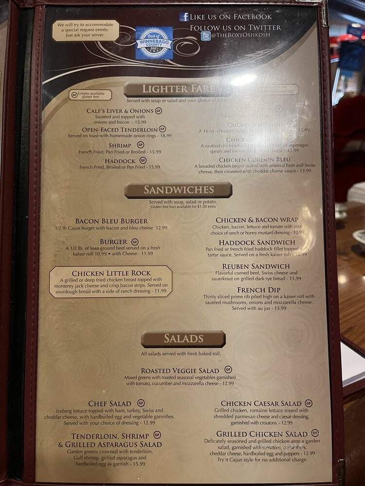 Roxy Supper Club - Oshkosh, WI menu_pic