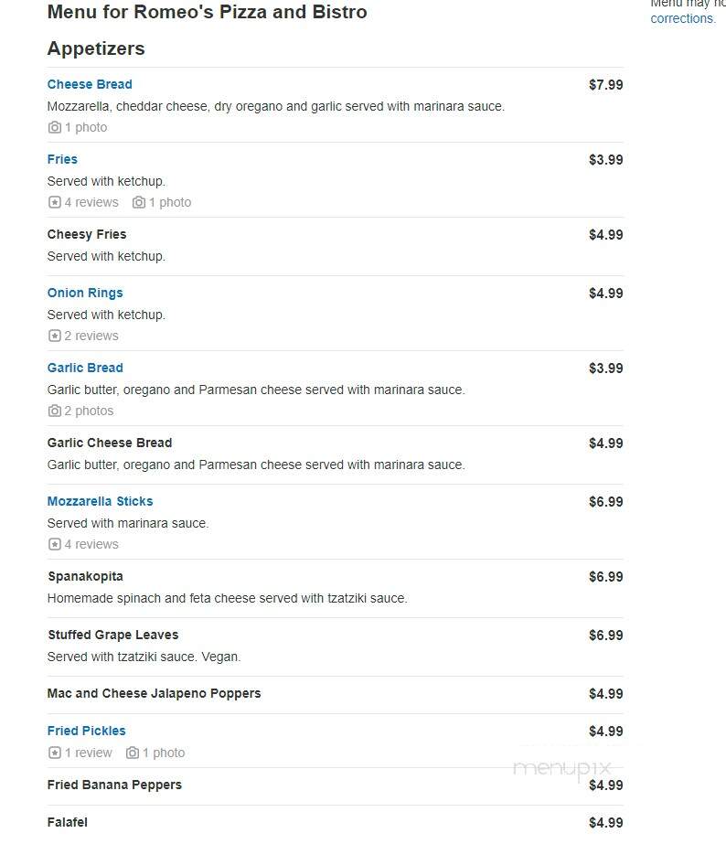 Romeo's Pizza & Bistro - College Park, GA menu_pic