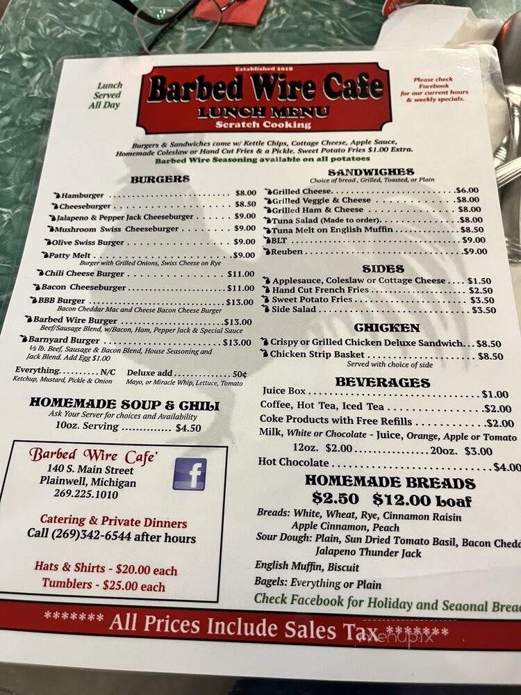 Barbed Wire Cafe - Plainwell, MI menu_pic