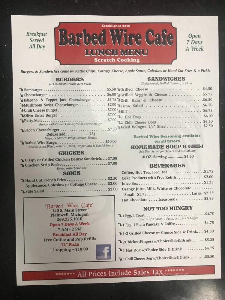 Barbed Wire Cafe - Plainwell, MI menu_pic