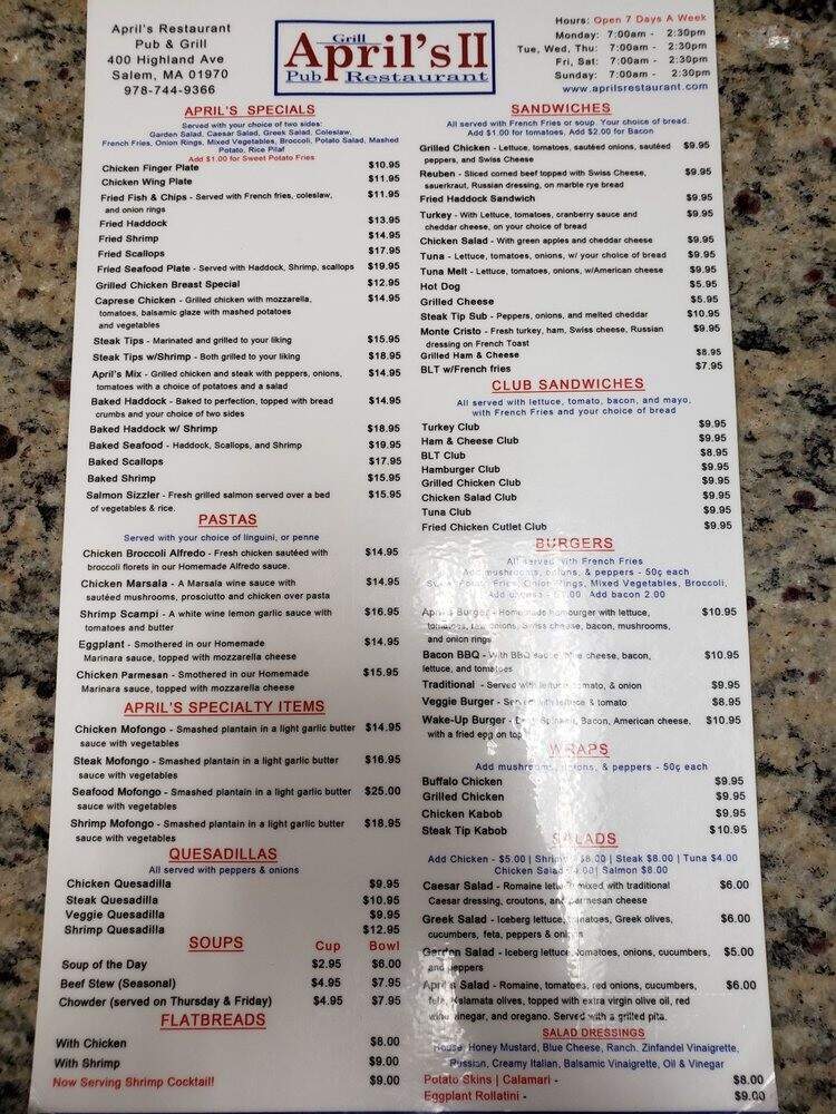 April's II - Salem, MA menu_pic