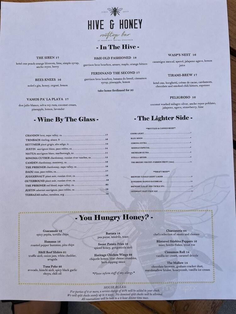 Hive & Honey Rooftop Bar - Irvine, CA menu_pic