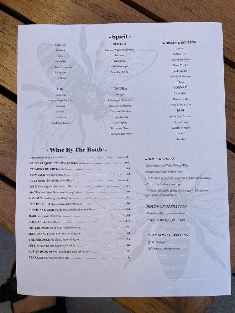 Hive & Honey Rooftop Bar - Irvine, CA menu_pic