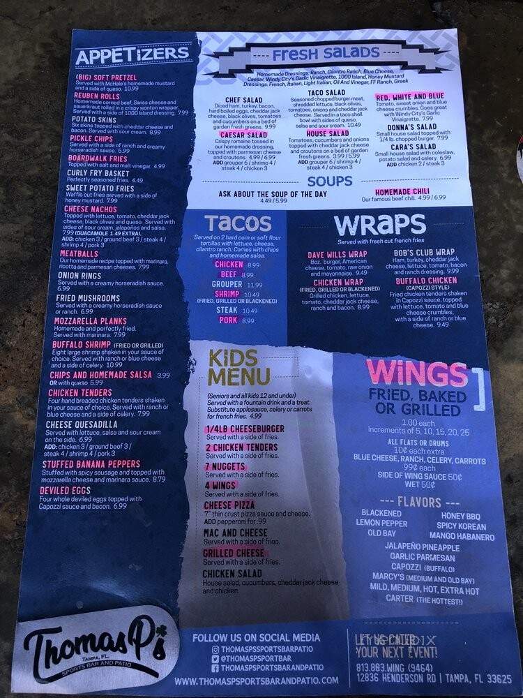 Thomas P's Sports Bar & Patio - Tampa, FL menu_pic