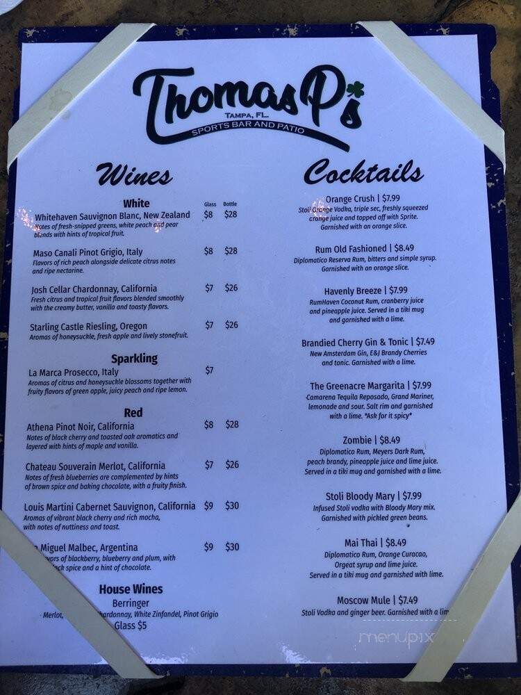 Thomas P's Sports Bar & Patio - Tampa, FL menu_pic