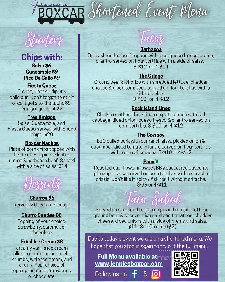 Jennie's Boxcar - East Moline, IL menu_pic
