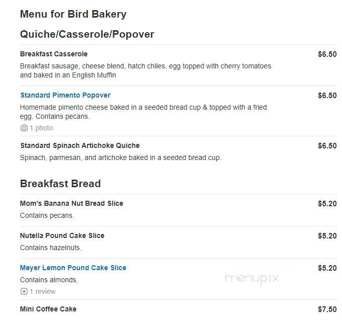 Bird Bakery - Greenwood Village, CO menu_pic