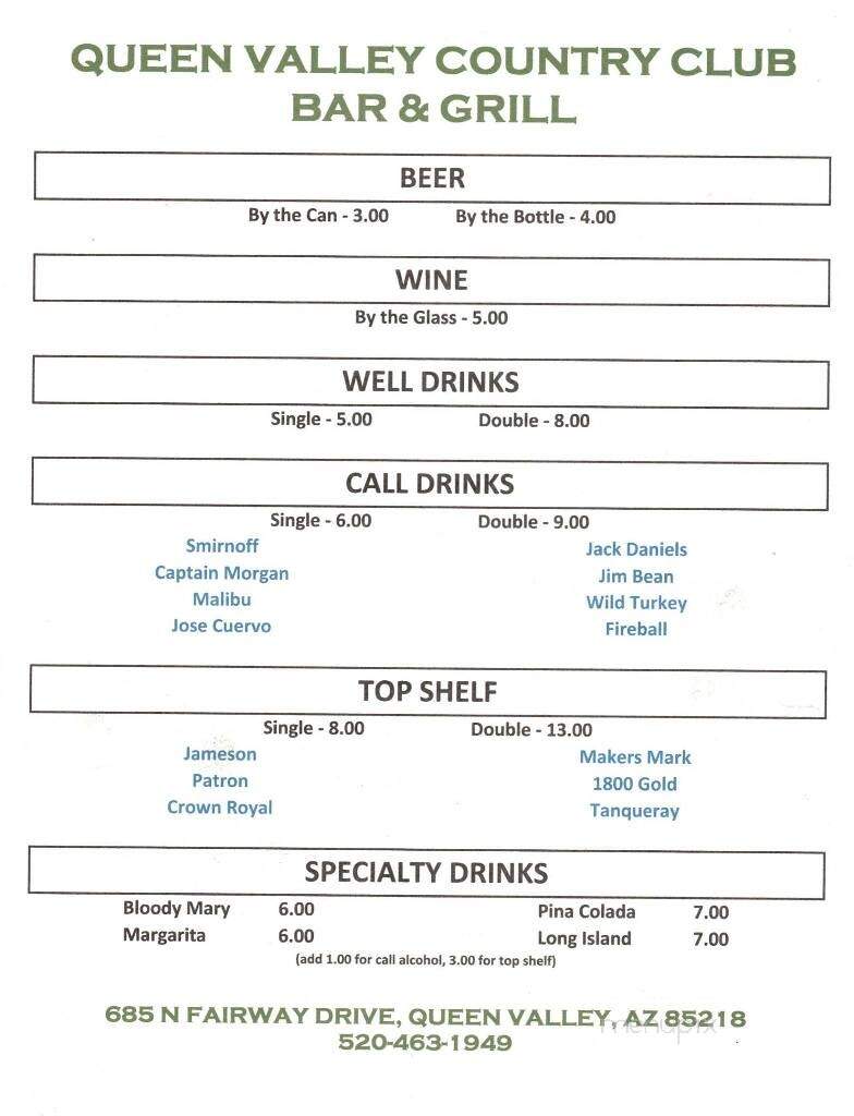 Queen Valley Country Club Bar and Grill - Queen Valley, AZ menu_pic