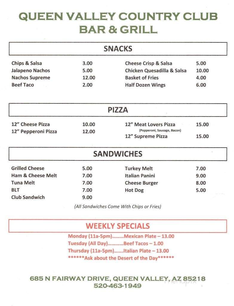 Queen Valley Country Club Bar and Grill - Queen Valley, AZ menu_pic