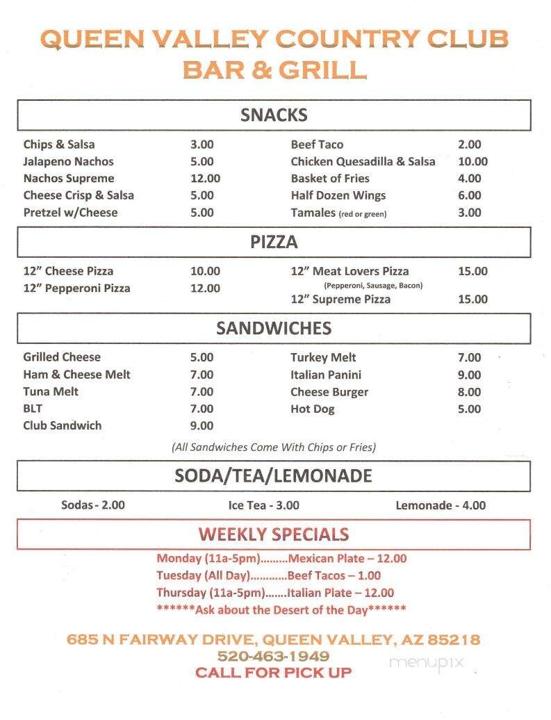 Queen Valley Country Club Bar and Grill - Queen Valley, AZ menu_pic