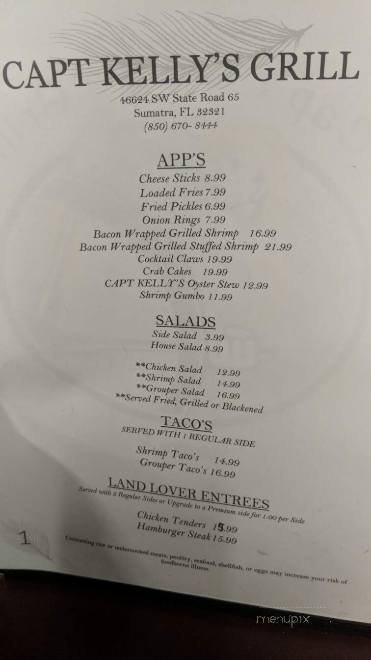 Capt' Kelly's Grill - Sumatra, FL menu_pic