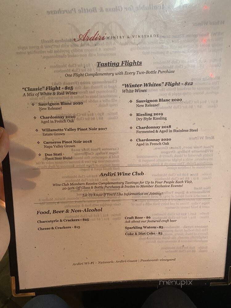 Ardiri Winery & Vineyards - Cornelius, OR menu_pic