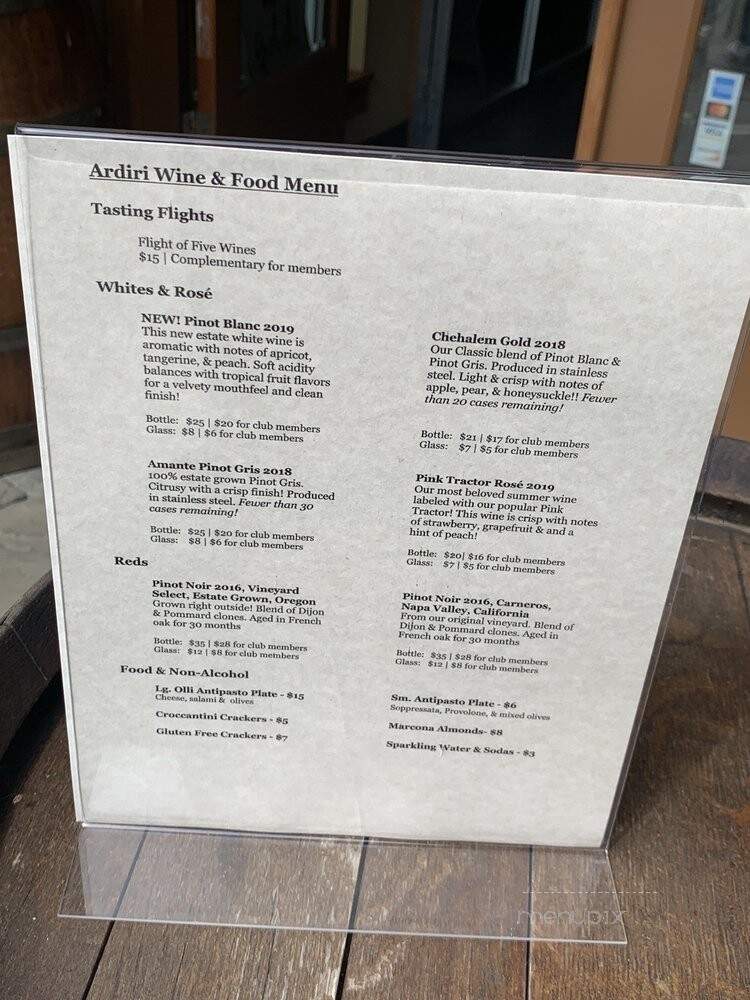 Ardiri Winery & Vineyards - Cornelius, OR menu_pic