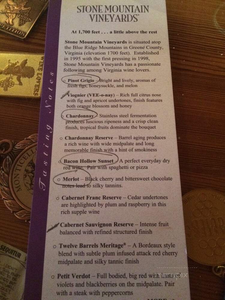 Stone Mountain Vineyards - Dyke, VA menu_pic