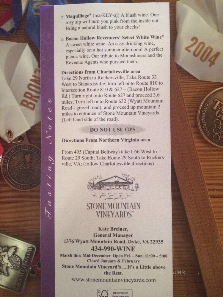 Stone Mountain Vineyards - Dyke, VA menu_pic