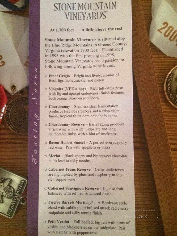 Stone Mountain Vineyards - Dyke, VA menu_pic