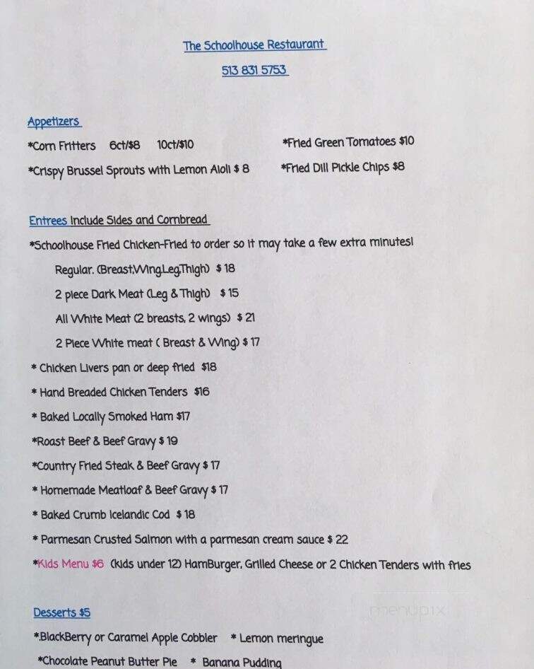 Schoolhouse Restaurant - Camp Dennison, OH menu_pic