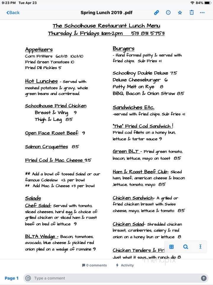 Schoolhouse Restaurant - Camp Dennison, OH menu_pic
