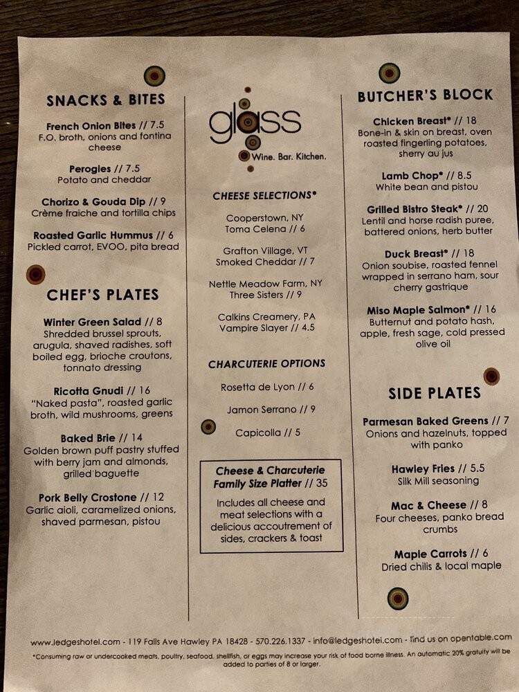 Glass Wine Bar & Bistro @ Ledges Hotel - Hawley, PA menu_pic