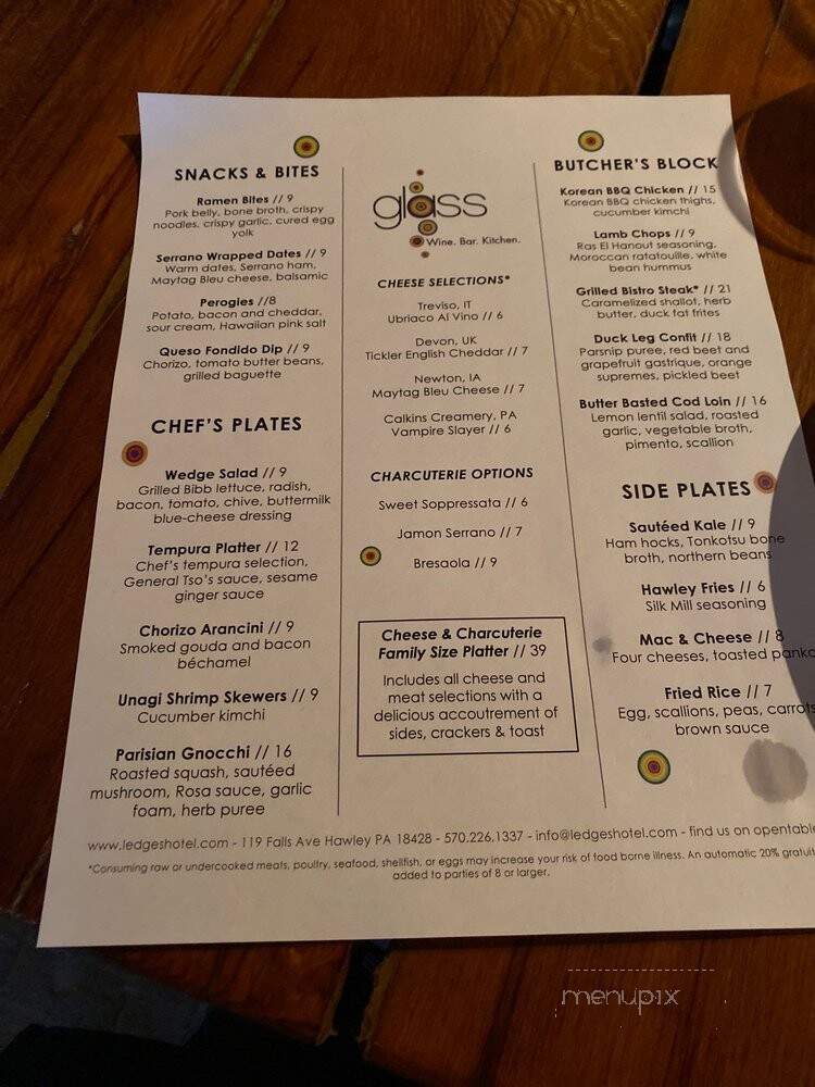 Glass Wine Bar & Bistro @ Ledges Hotel - Hawley, PA menu_pic