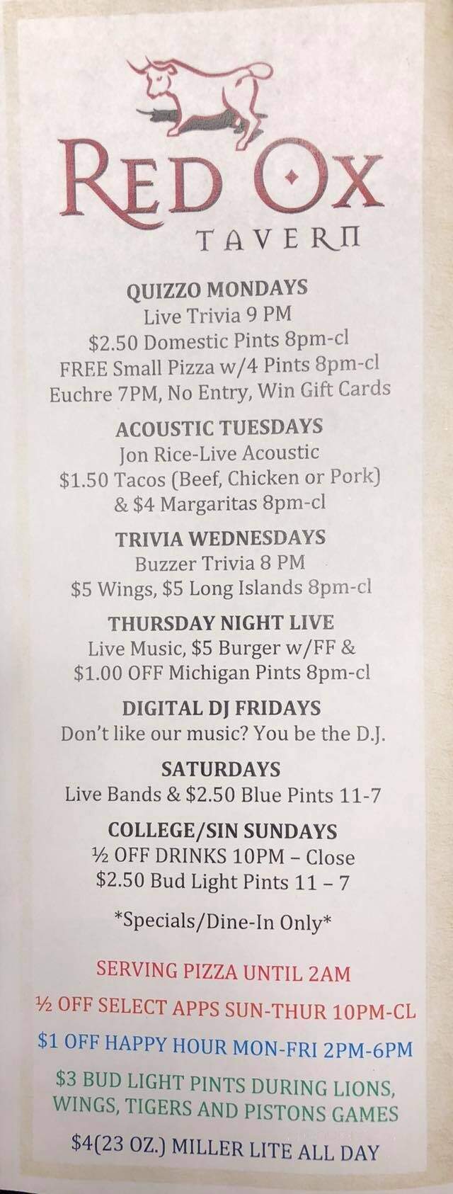 Red Ox Tavern - Auburn Hills, MI menu_pic